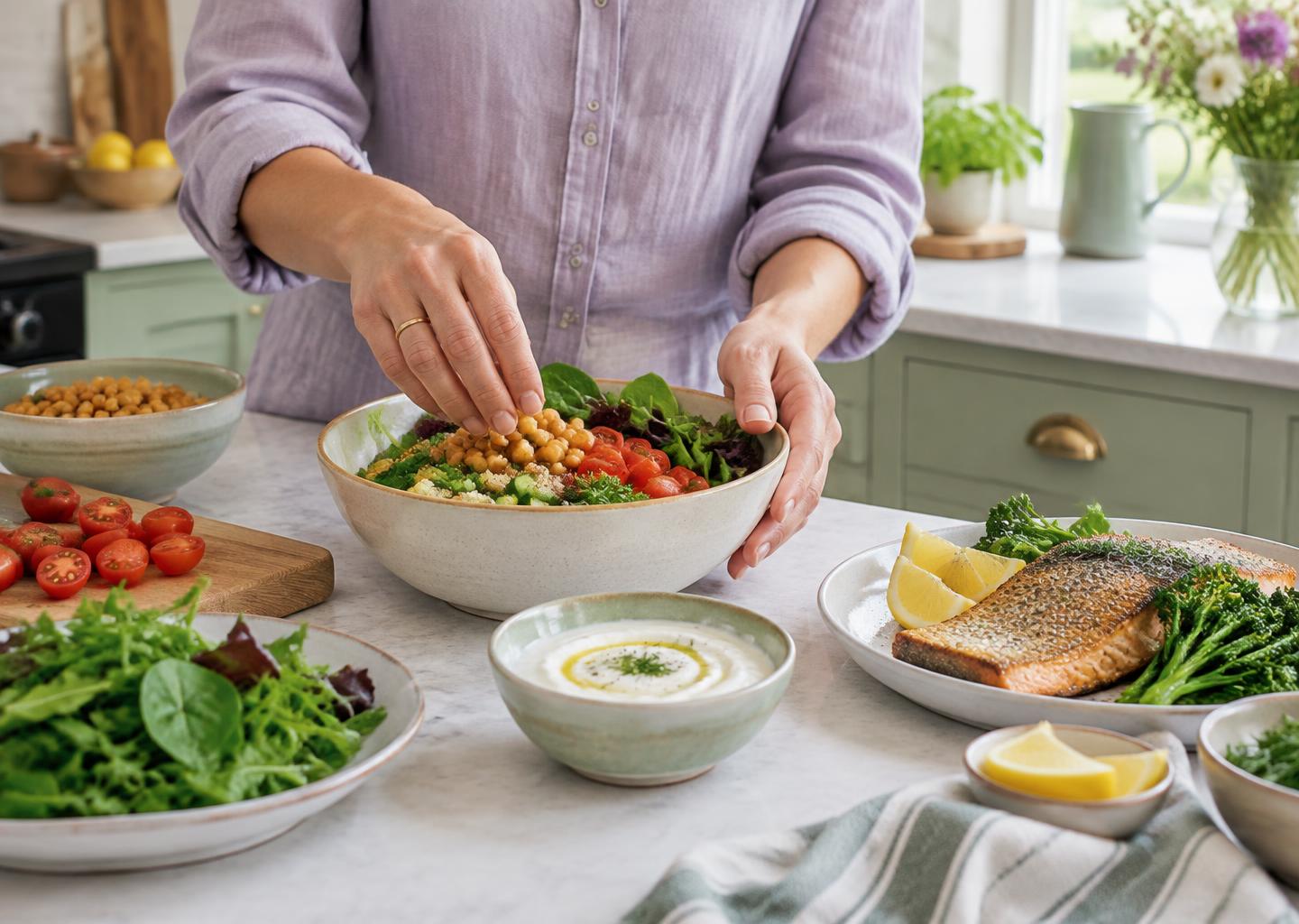 Preparing vegetables, chickpeas and fish for a balanced lunch