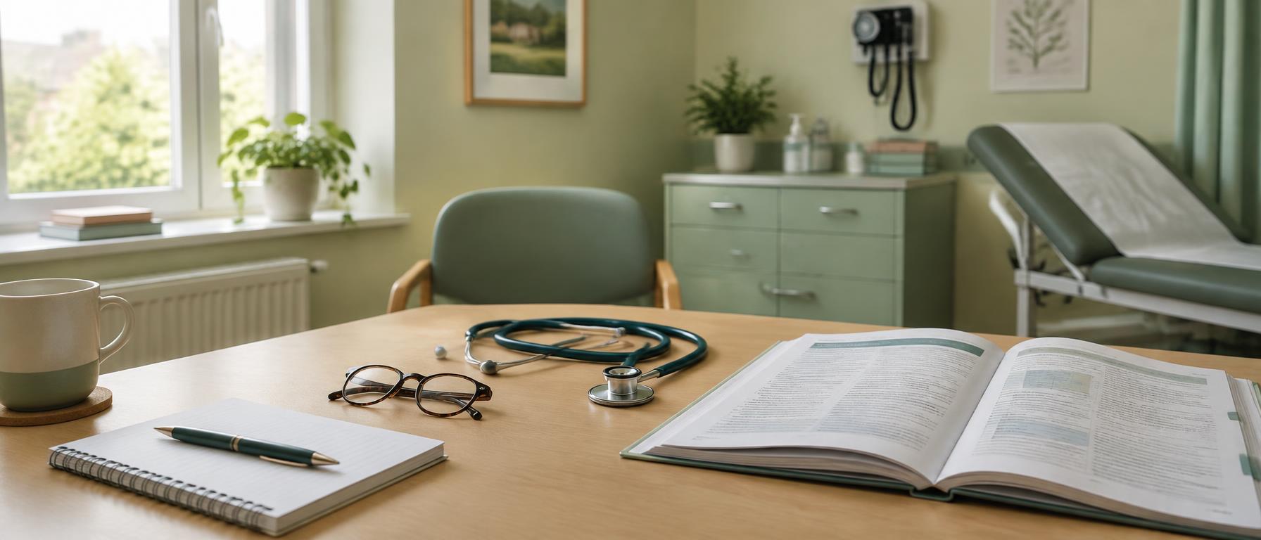 A GP's desk with a stethoscope, notebook and open clinical guidance