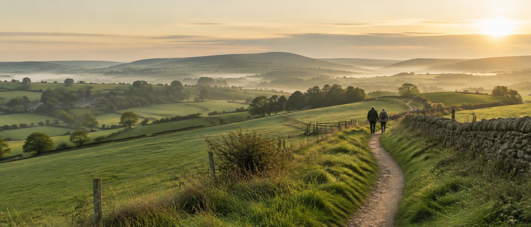 A couple walking along a countryside path at sunrise