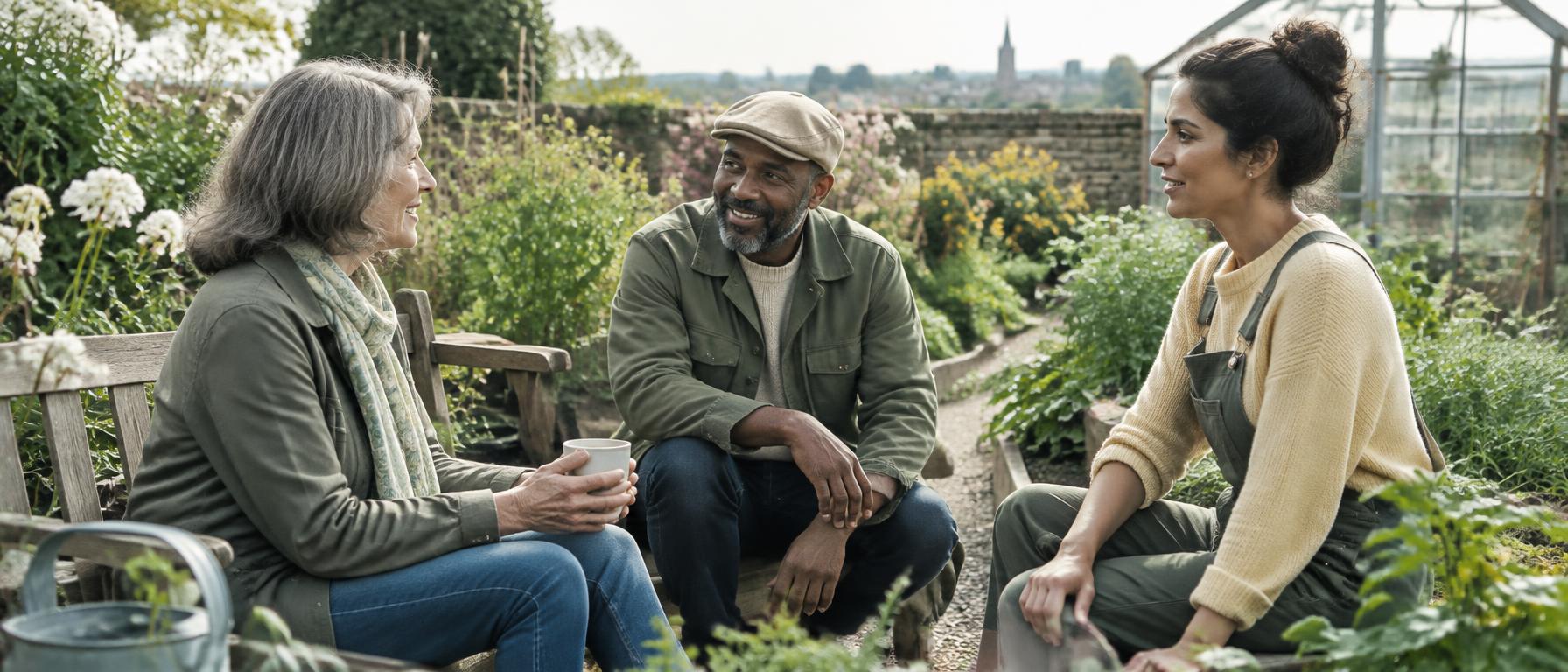 Three adults talking together in a community garden